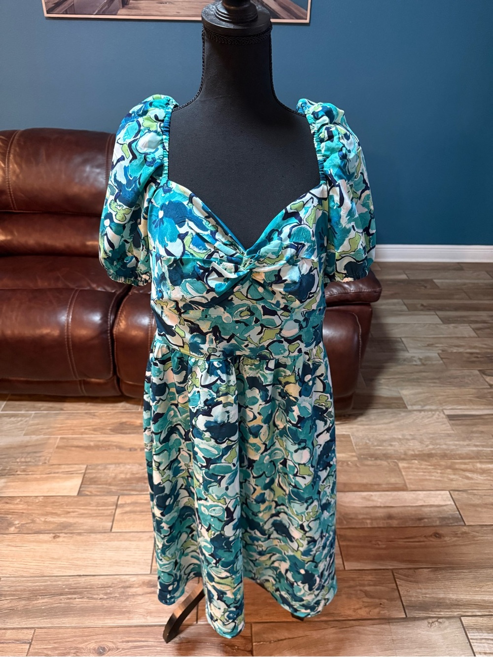 London Times Teal Floral Puff-Sleeve Midi Dress